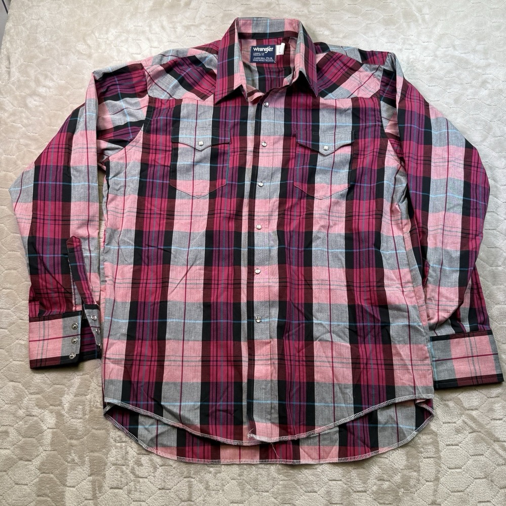 VTG Wrangler X-Long Tails Single Needle Tailoring Pearl Snap Pink Plaid 17.5x36